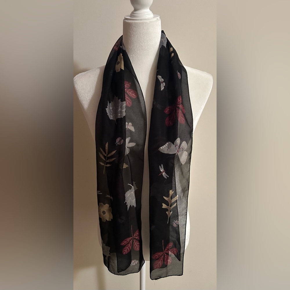 Autumn Leaf Floral with Insect Black Sheer Scarf